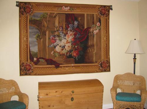 Architectural Bouquet tapestry - French floral wall tapestry in a bedroom