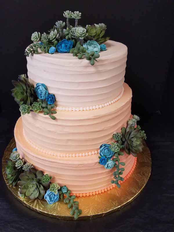 Three-tiered wedding cake with a soft peach buttercream finish and horizontal textured lines. Each tier is bordered with pearl-like dots in matching peach tones. The cake is adorned with realistic green succulent decorations and bright blue buttercream flowers, arranged around the base and top of each tier. Displayed on a gold patterned cake board against a black background