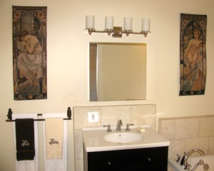 Mucha tapestries in a bathroom