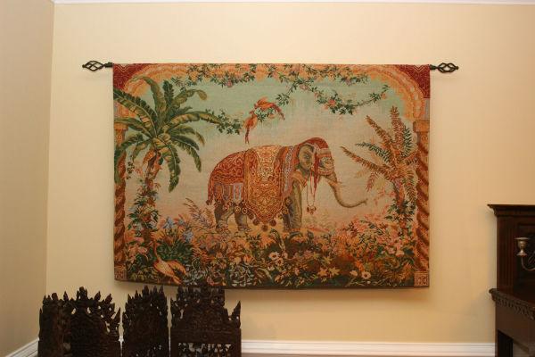 Royal Elephant tapestry hanging in a dining room Royal Elephant tapestry hanging in a dining room