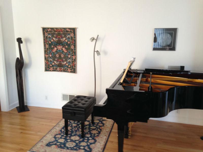 The Strawberry Thief tapestry The Strawberry Thief tapestry next to a piano